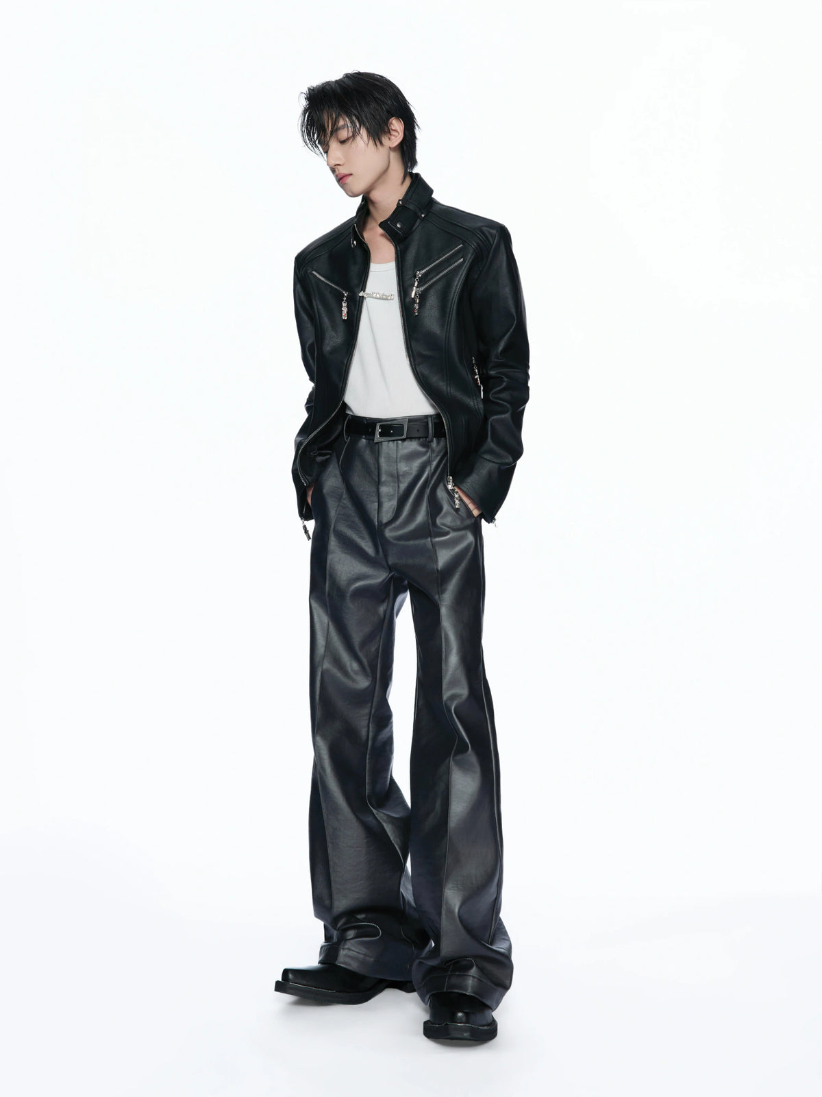 Matte Faux-Leather Micro-Flare Trousers | Silver Gray - main image 3