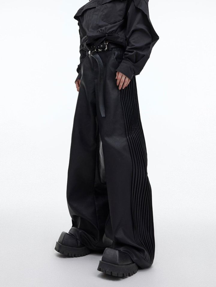 Matte Faux Leather Pleated Wide - Leg Trousers | Casual Edgy Pants - ArguE CulturE