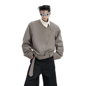 Men's asymmetric pointed collar vintage shirt jacket in gray front view