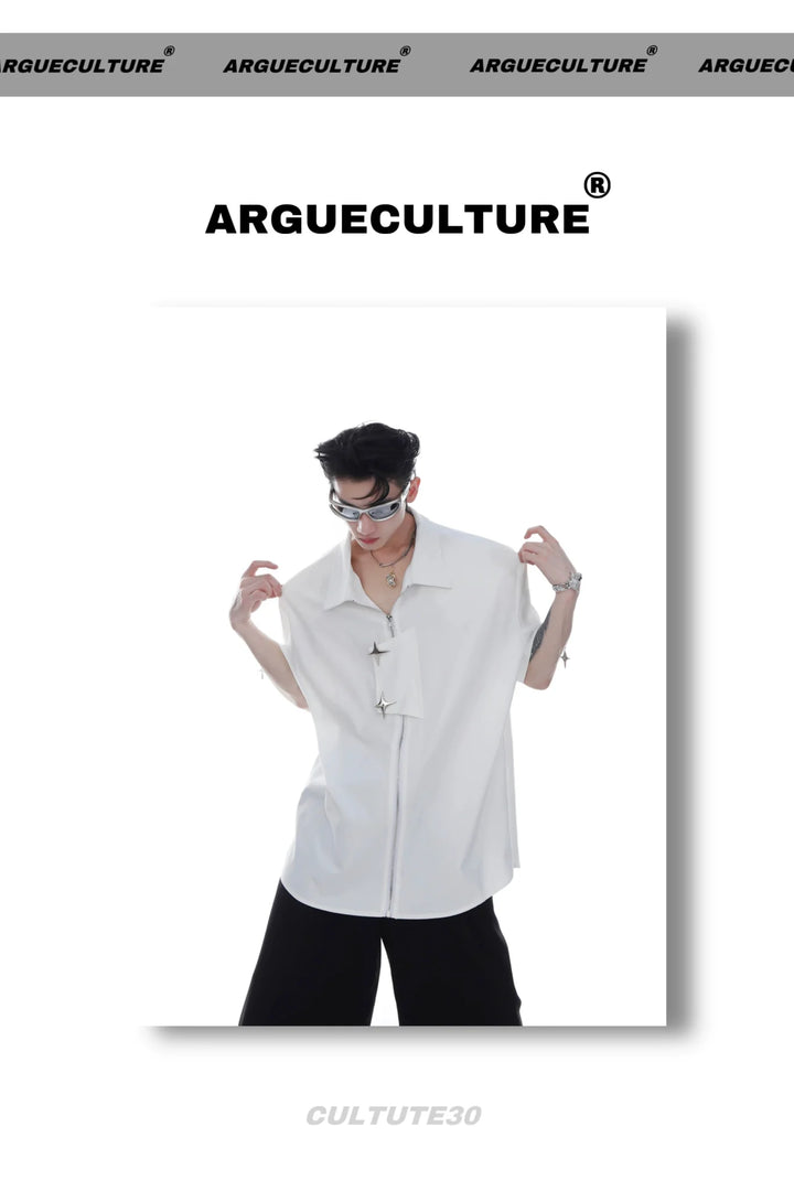 Men's Avant Garde Loose Short - Sleeve Shirt with Metal Zipper For Summer - ArguE CulturE