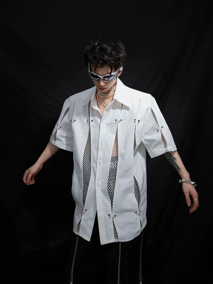 Men's Deconstructed Mesh Short Sleeve Shirt with Metal Ring Accents - ArguE CulturE