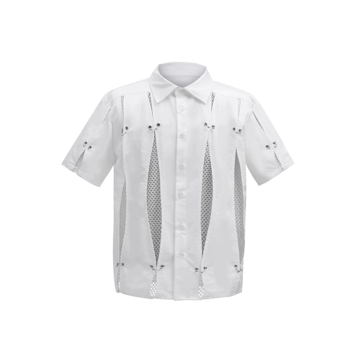 Men's Deconstructed Mesh Short Sleeve Shirt with Metal Ring Accents - ArguE CulturE