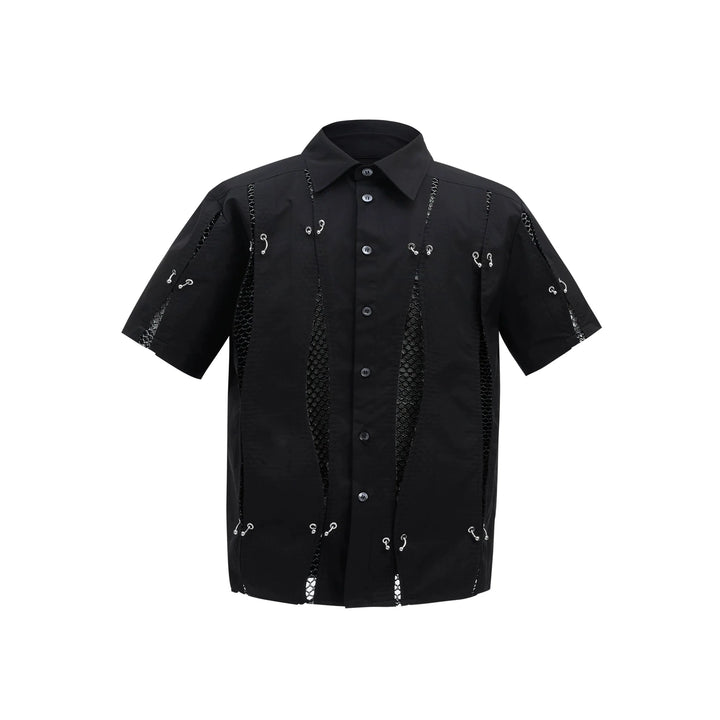 Men's Deconstructed Mesh Short Sleeve Shirt with Metal Ring Accents - ArguE CulturE