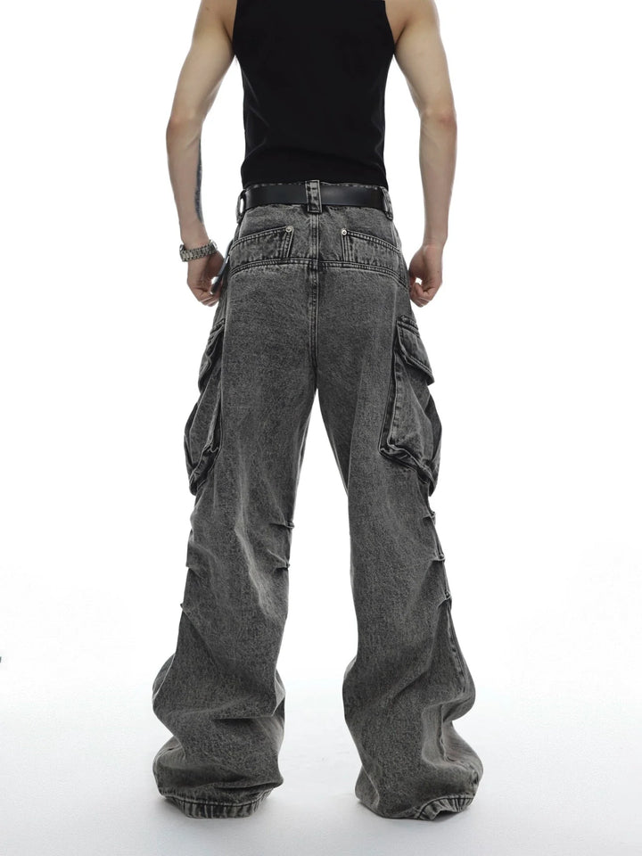 Men's Distressed Washed Wide - LegJ eans with Oversized Pockets - ArguE CulturE