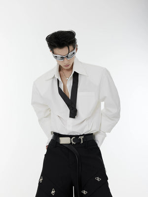 Men's futuristic white shirt with double layer cuffs and detachable tie front view