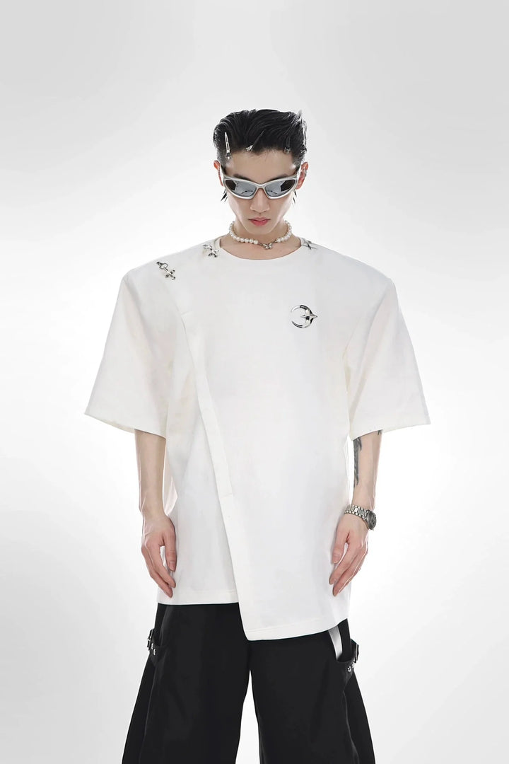 Men's Minimalist Asymmetric Short Sleeve T - Shirt with Metallic Printed - ArguE CulturE