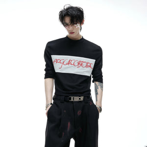 Black goth mesh long sleeve tee with red embroidery front view