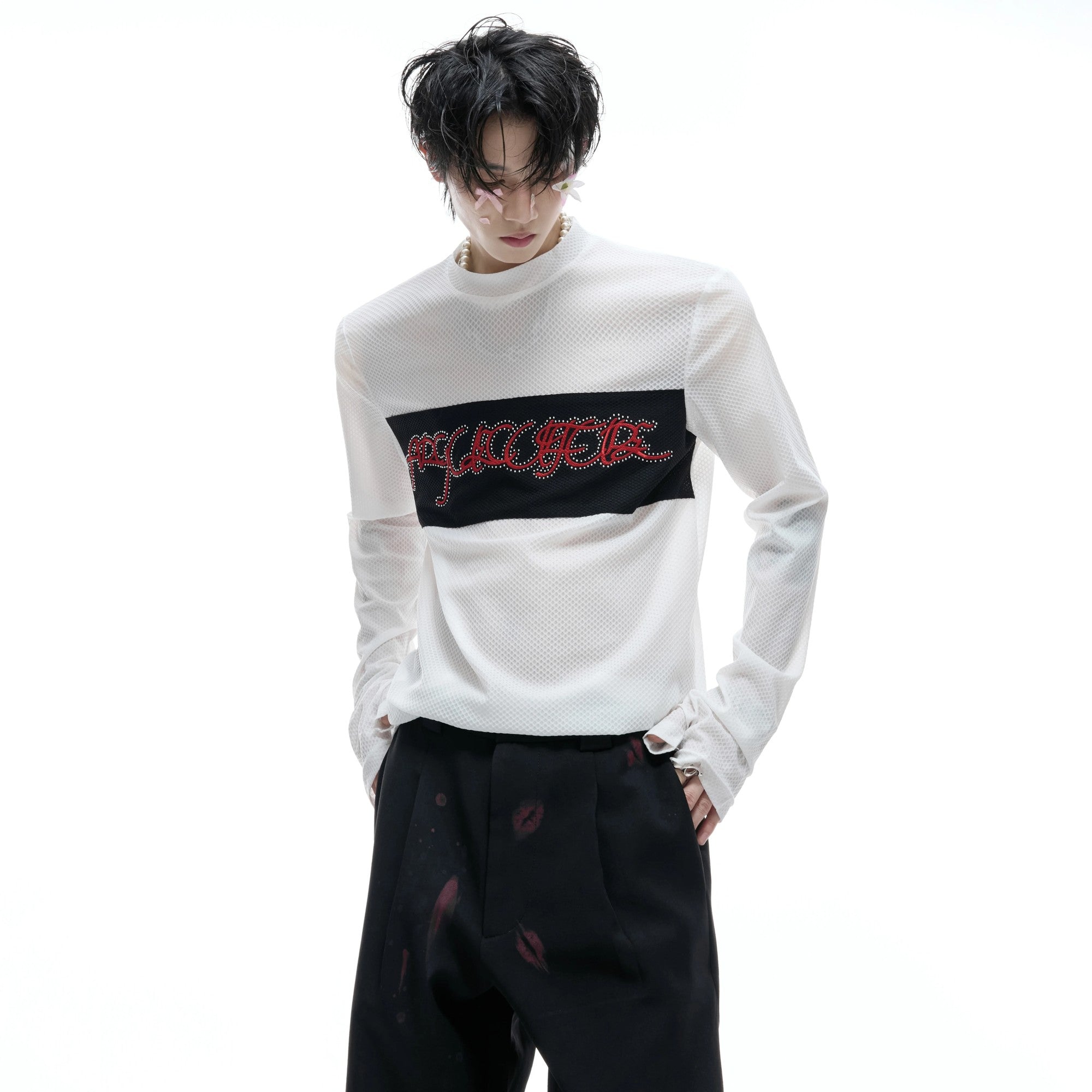 White streetwear mesh top with contrast patchwork details