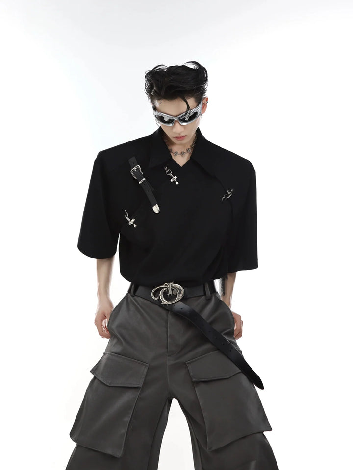 Metal Buckle Embellished Short Sleeve Polo Shirt with Asymmetrical Collar - ArguE CulturE