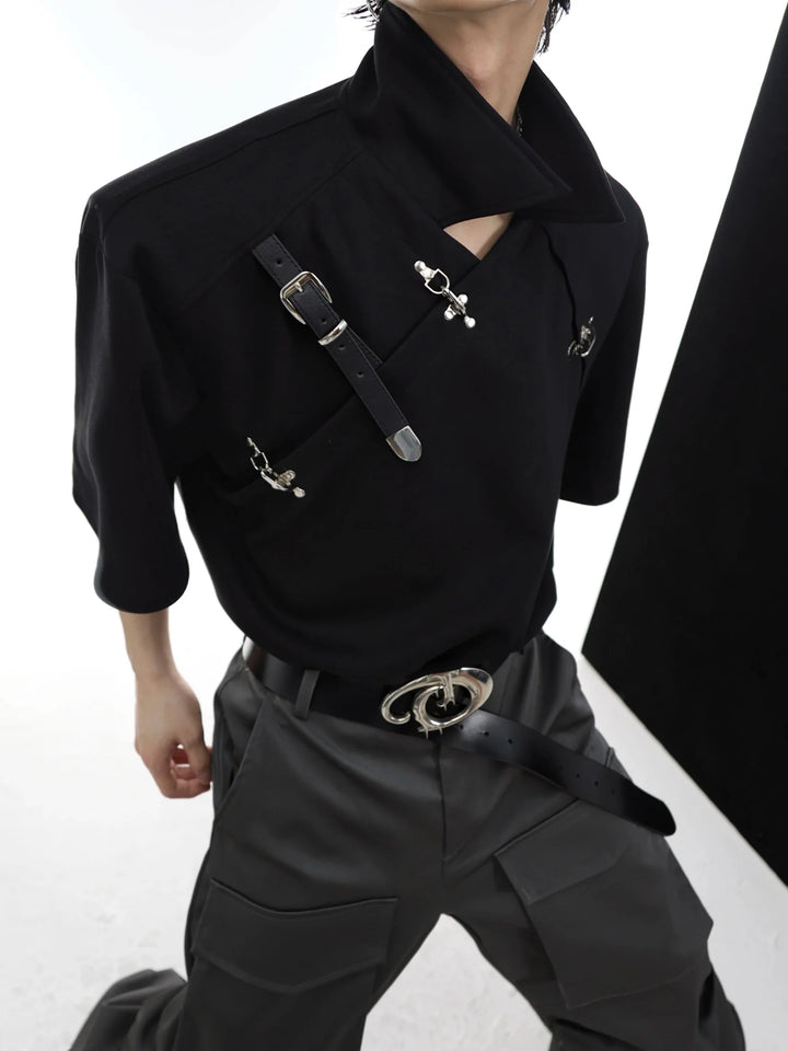 Metal Buckle Embellished Short Sleeve Polo Shirt with Asymmetrical Collar - ArguE CulturE