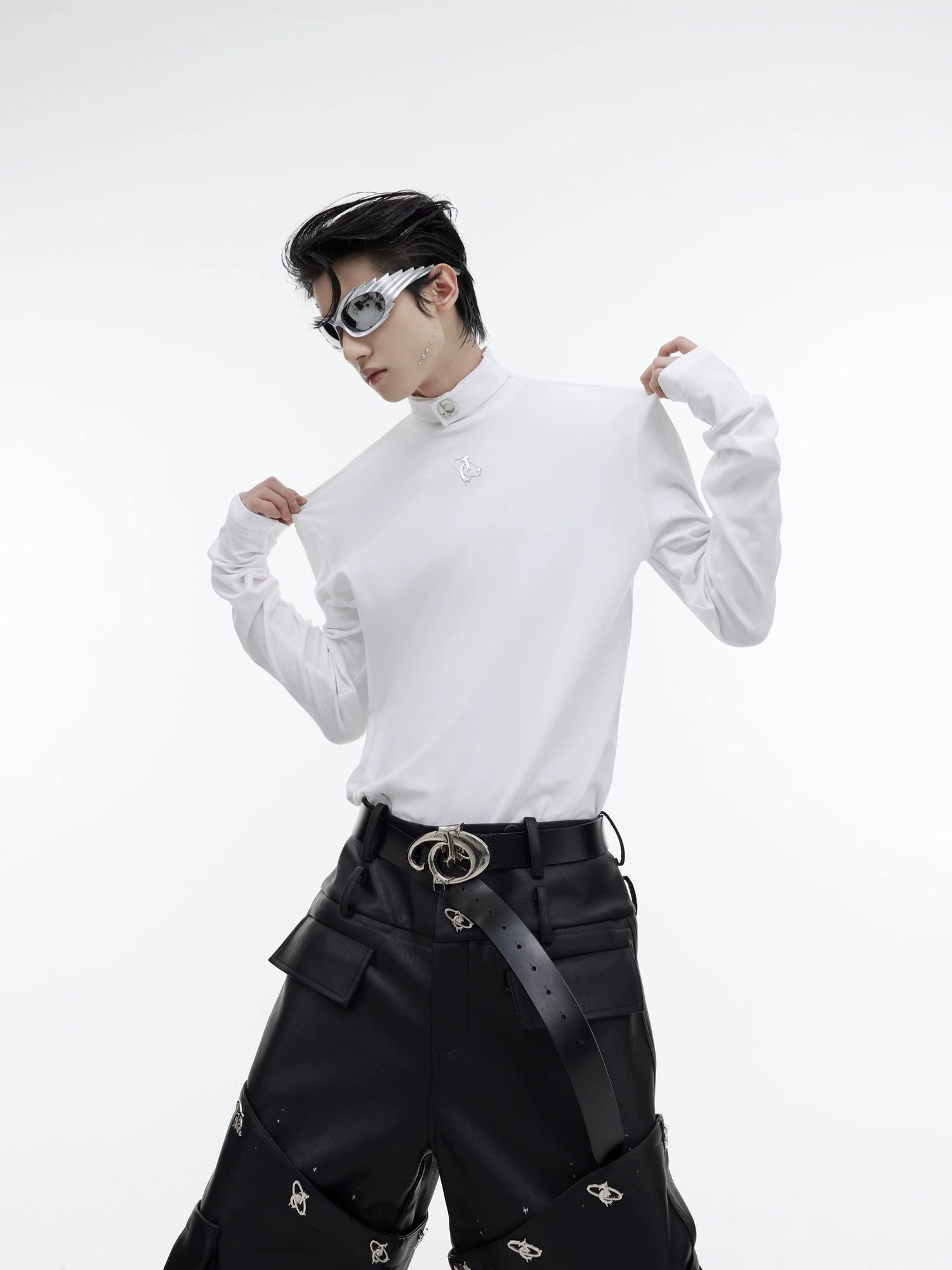 White long sleeve streetwear shirt with shoulder pads and metal ring detail