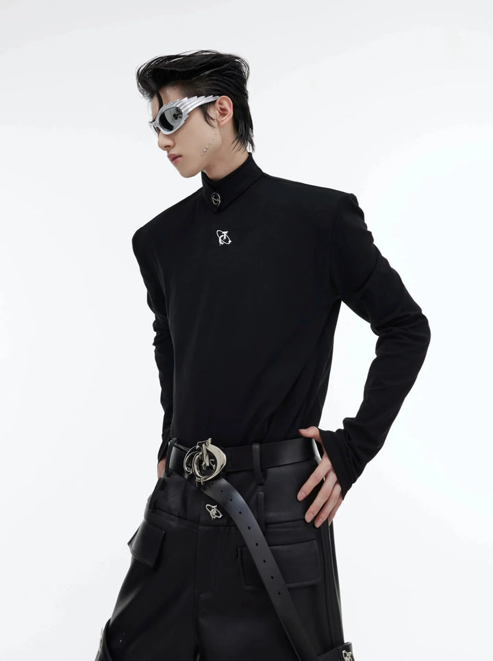 Metal Embellished High Neck Padded Shoulder Base Shirt for Autumn/Winter - ArguE CulturE