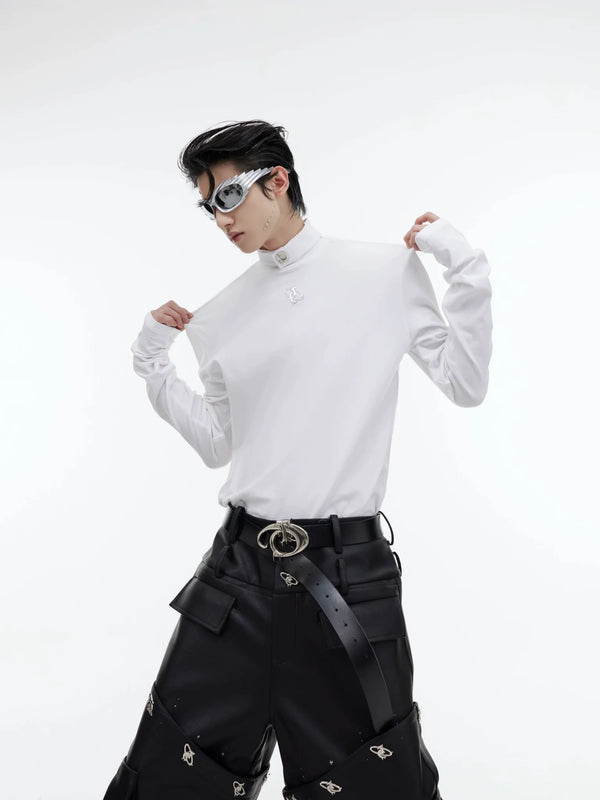 Metal Embellished High Neck Padded Shoulder Base Shirt for Autumn/Winter - ArguE CulturE