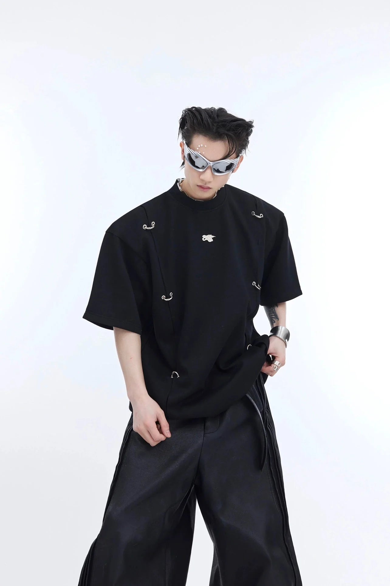 Metal - Embellished Short Sleeve Round Neck T - Shirt with Spine Design - ArguE CulturE