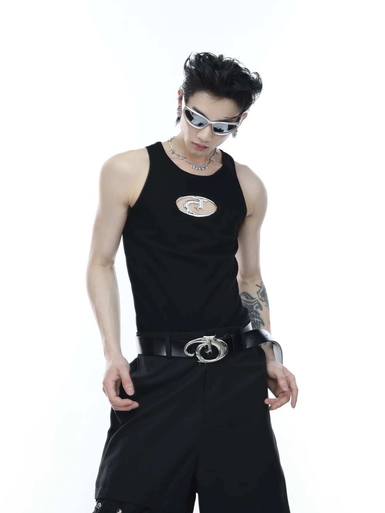 Full outfit showcase with black punk style sleeveless tee