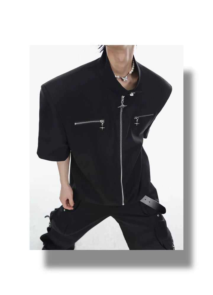 Metal Zip Short Sleeve Shirt Blazer with Mandarin Collar for Summer - ArguE CulturE