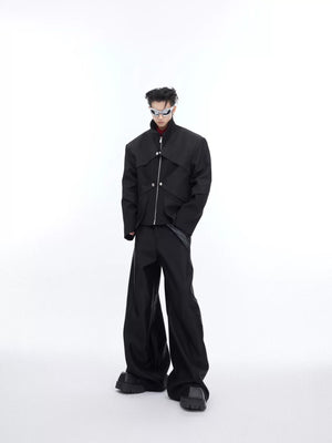 A futuristic streetwear look featuring a high-shine liquid metal jacket