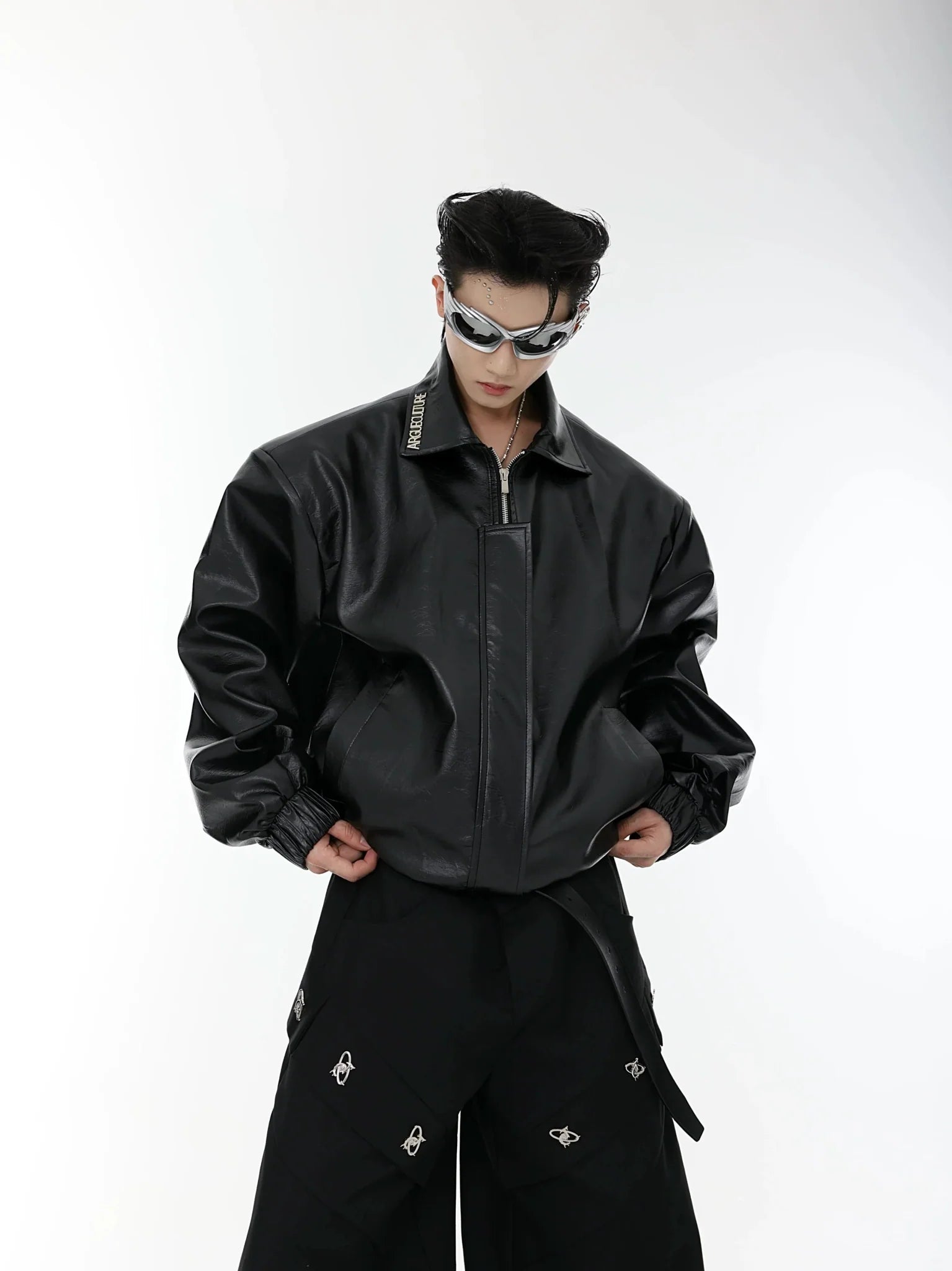 Metallic Liquid Faux Leather Shoulder - Padded Short Jacket | Avant - Garde Leather Coat - ArguE CulturE