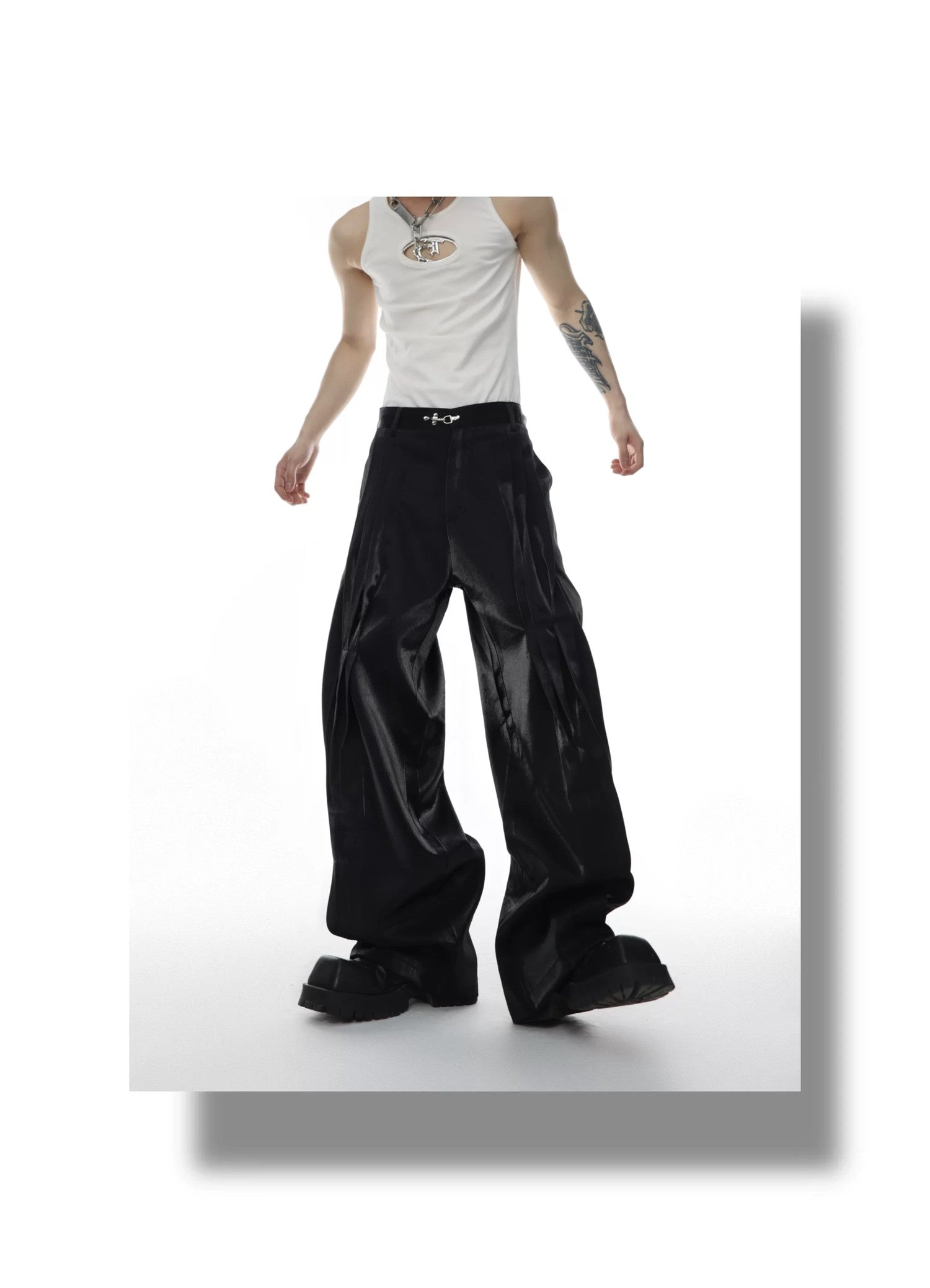 desc::metallic-liquid-luster-straight-pants-with-metal-buckle-detail-img-11