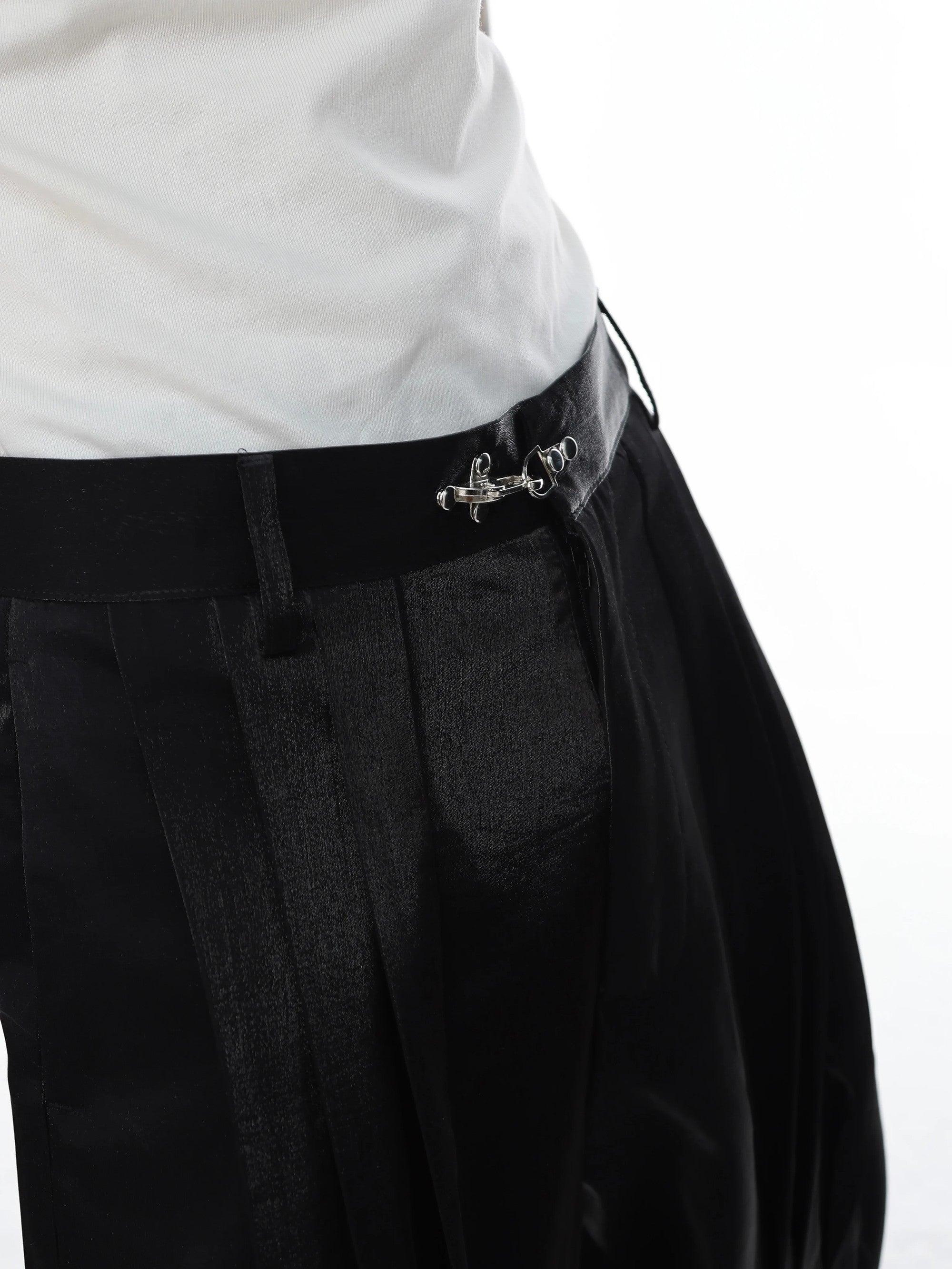 Side view showing the 3D paneled construction and liquid fabric sheen