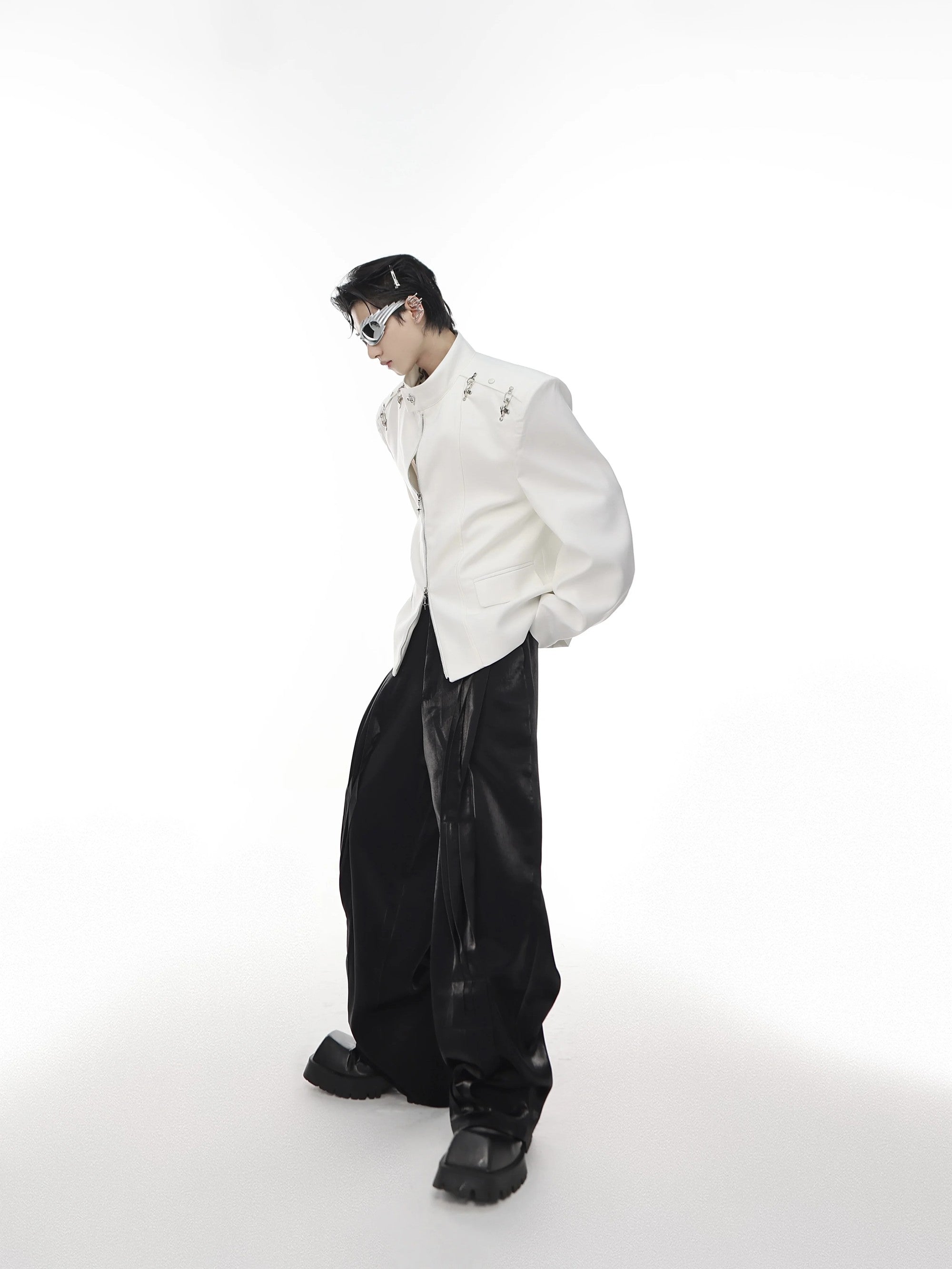 Metallic liquid luster pants in white styled with streetwear