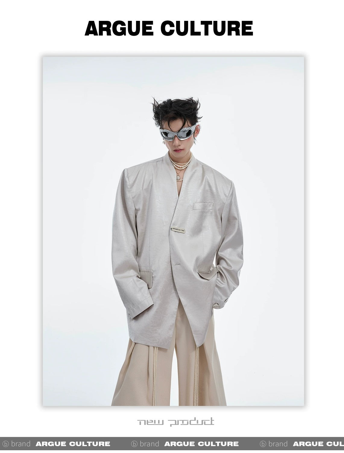 desc::metallic-liquid-texture-collarless-oversized-blazer-detail-img-1