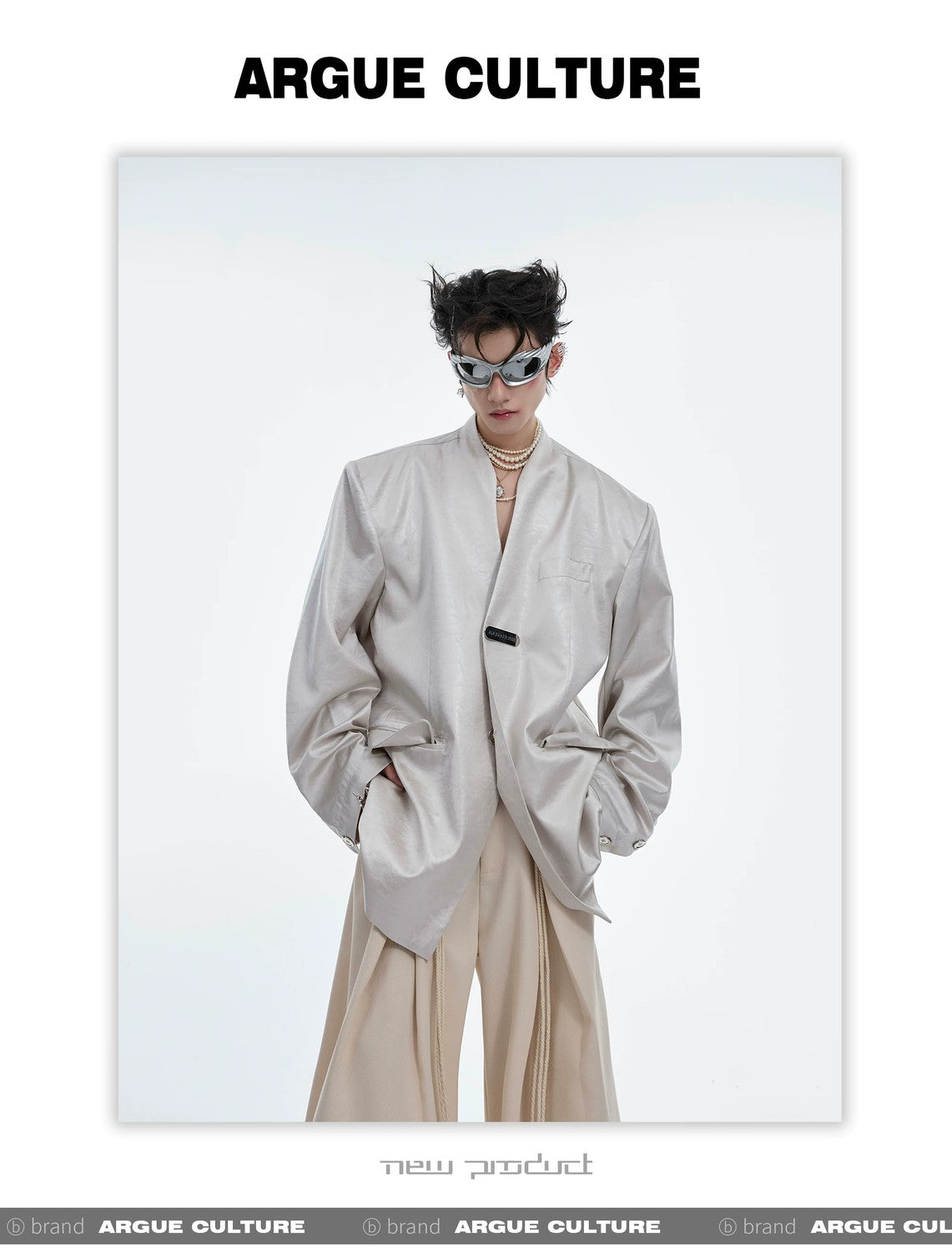 desc::metallic-liquid-texture-collarless-oversized-blazer-detail-img-3