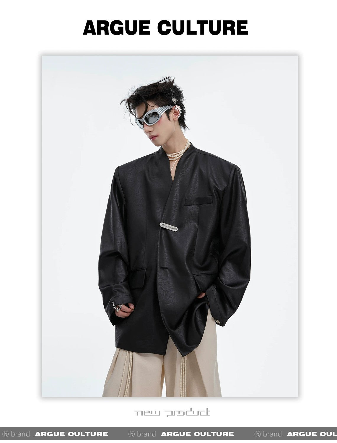 desc::metallic-liquid-texture-collarless-oversized-blazer-detail-img-9