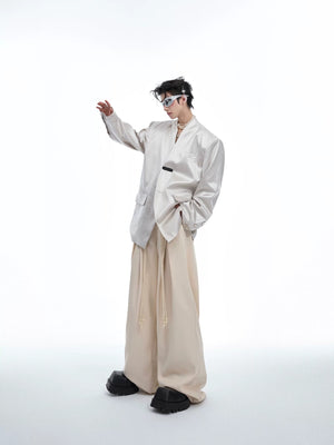 Full body shot of the silver avant-garde blazer styled for streetwear