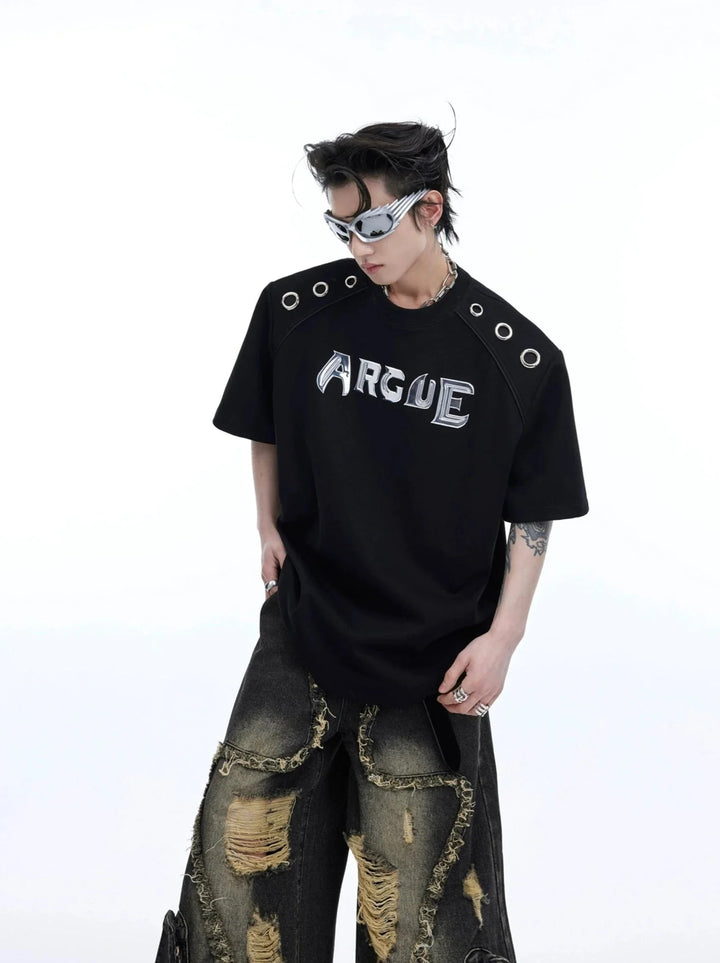 Metallic Print Shoulder Pad Ring Design Short Sleeve Loose T - Shirt - ArguE CulturE