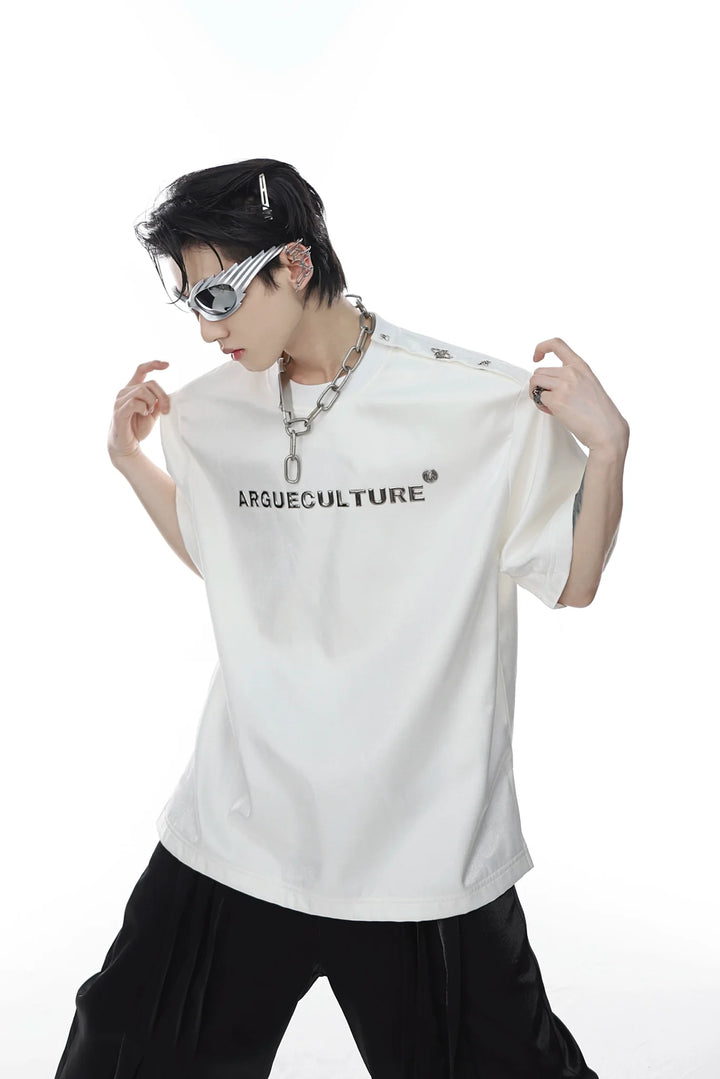 Metallic Sheen Padded Shoulder Short Sleeve T - Shirt with Logo Printed - ArguE CulturE