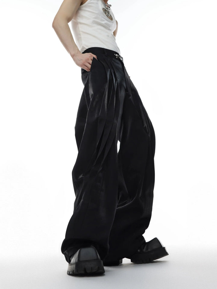 Metallic Sheen Straight - Leg Trousers with Button Detail and Pleated - ArguE CulturE