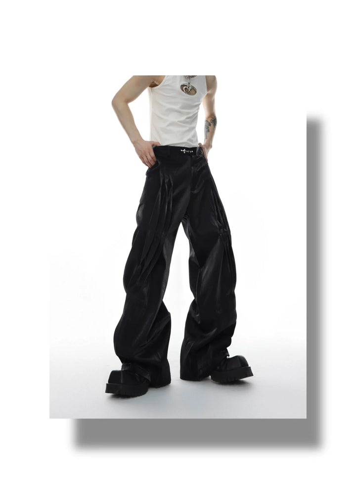 Metallic Sheen Straight - Leg Trousers with Button Detail and Pleated - ArguE CulturE