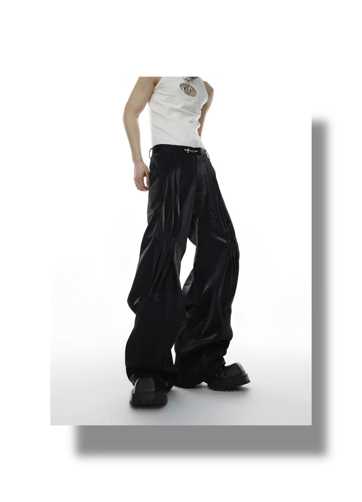 Metallic Sheen Straight - Leg Trousers with Button Detail and Pleated - ArguE CulturE