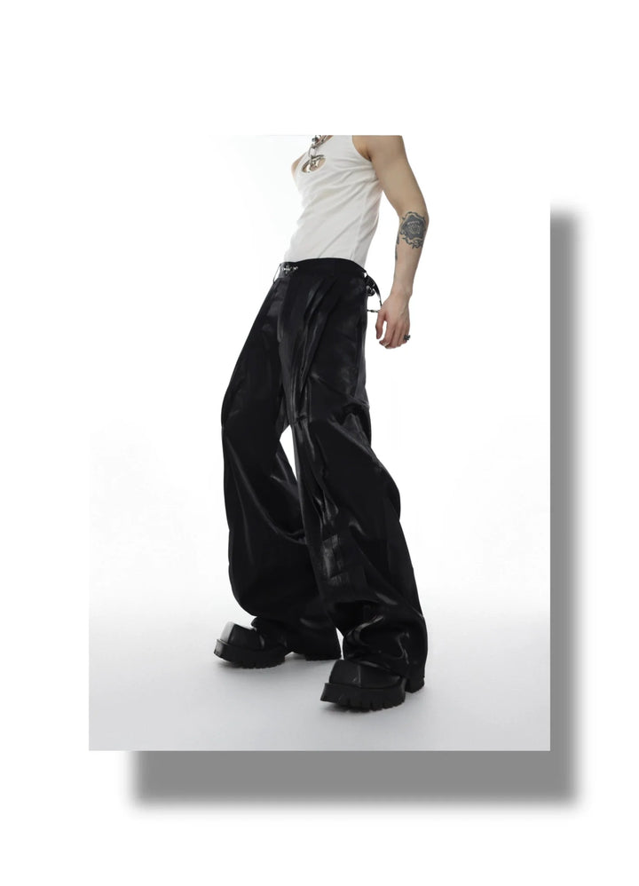 Metallic Sheen Straight - Leg Trousers with Button Detail and Pleated - ArguE CulturE