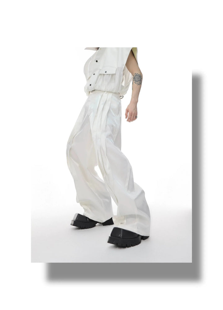 Metallic Sheen Straight - Leg Trousers with Button Detail and Pleated - ArguE CulturE