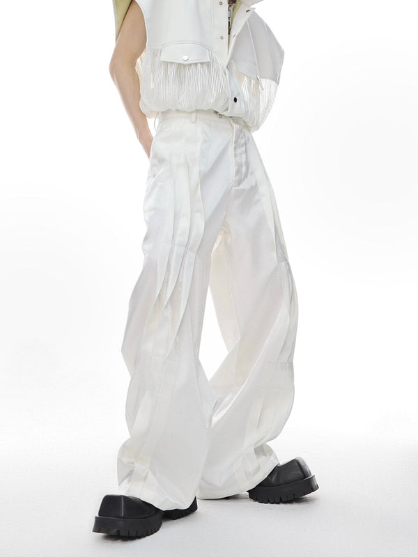 Metallic Sheen Straight - Leg Trousers with Button Detail and Pleated - ArguE CulturE