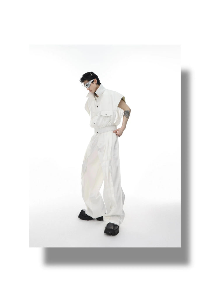 Metallic Sheen Straight - Leg Trousers with Button Detail and Pleated - ArguE CulturE