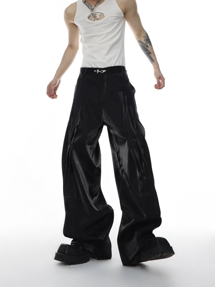 Metallic Sheen Straight - Leg Trousers with Button Detail and Pleated - ArguE CulturE