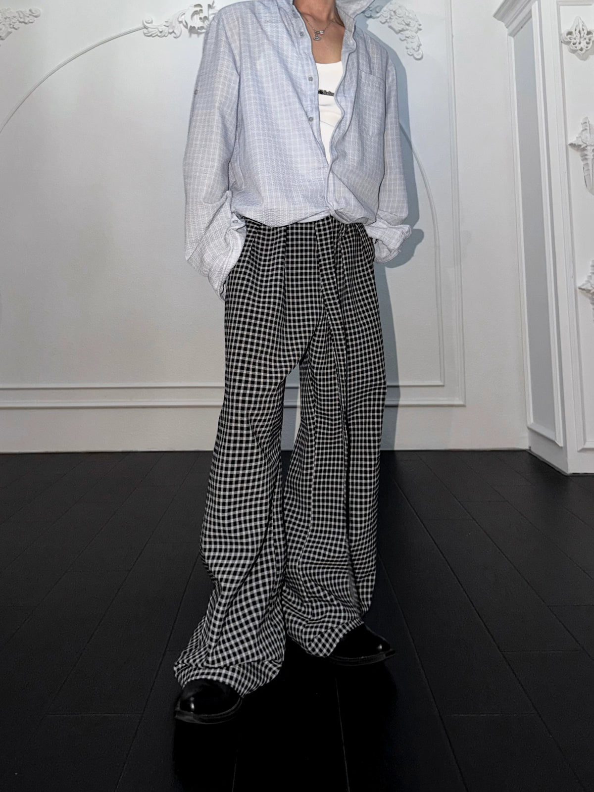 Micro-Check Sash Belt Flared Trousers | Avant Streetwear - main image 2