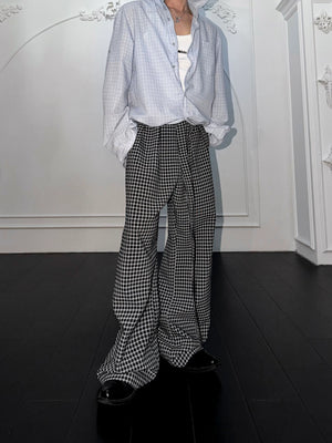 Micro-Check Sash Belt Flared Trousers | Avant Streetwear - main image 2
