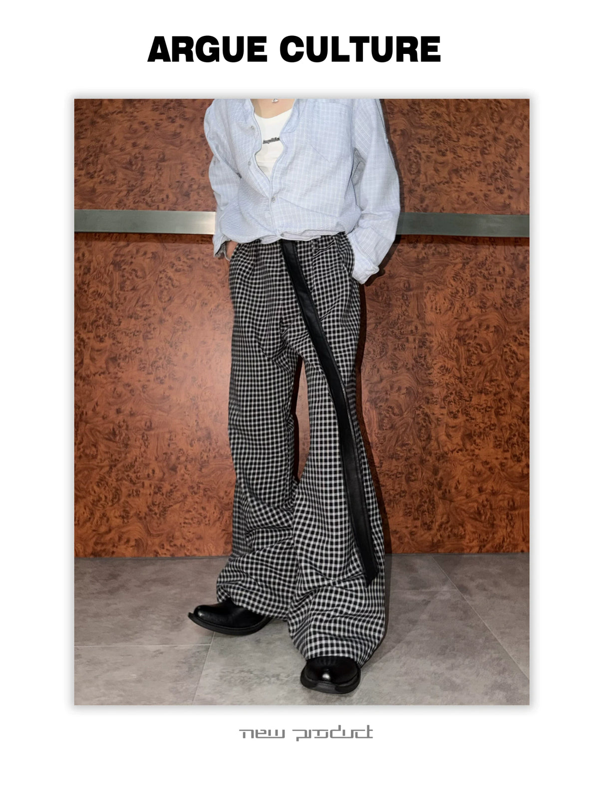 Micro-Check Sash Belt Flared Trousers | Avant Streetwear - detail image 7