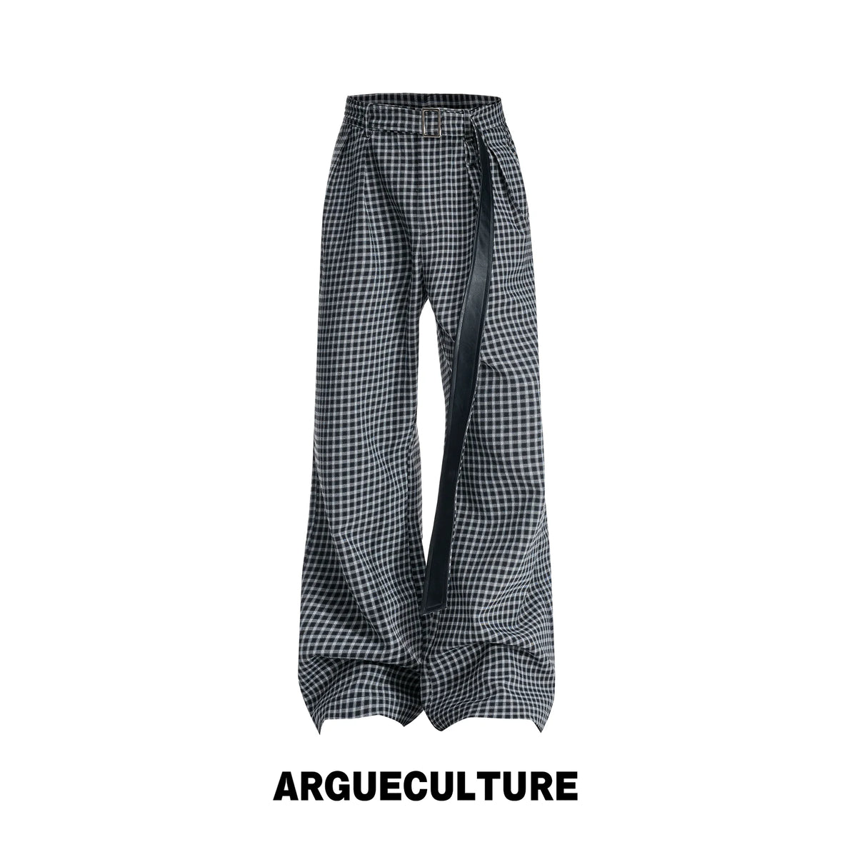 Micro-Check Sash Belt Flared Trousers | Avant Streetwear - Black
