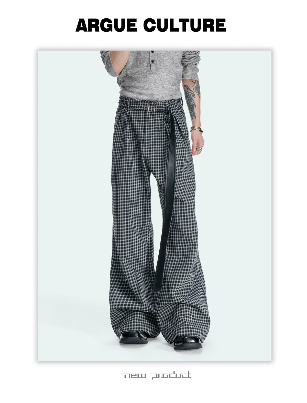 Micro-Check Sash Belt Flared Trousers | Avant Streetwear - detail image 5