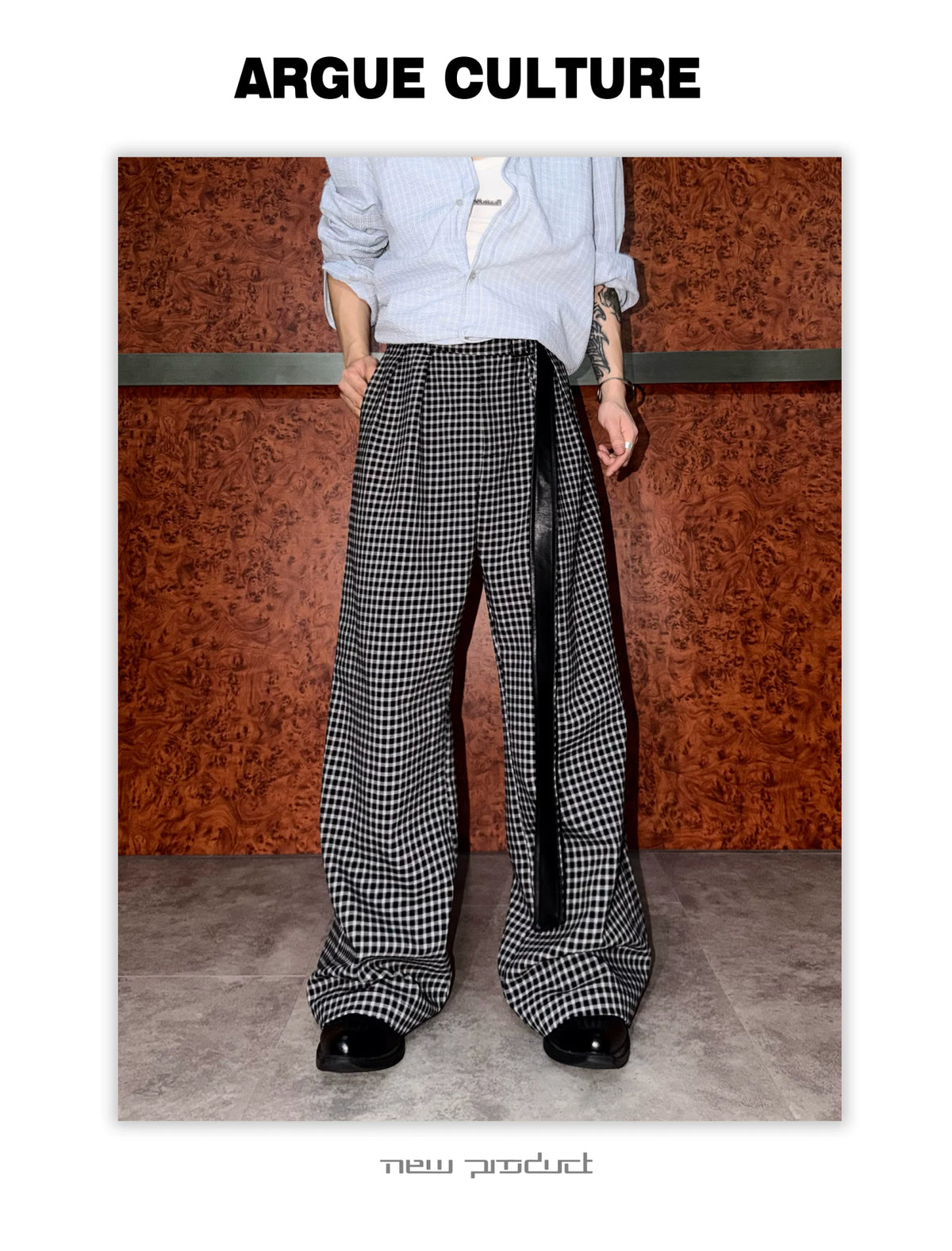 Micro-Check Sash Belt Flared Trousers | Avant Streetwear - detail image 8