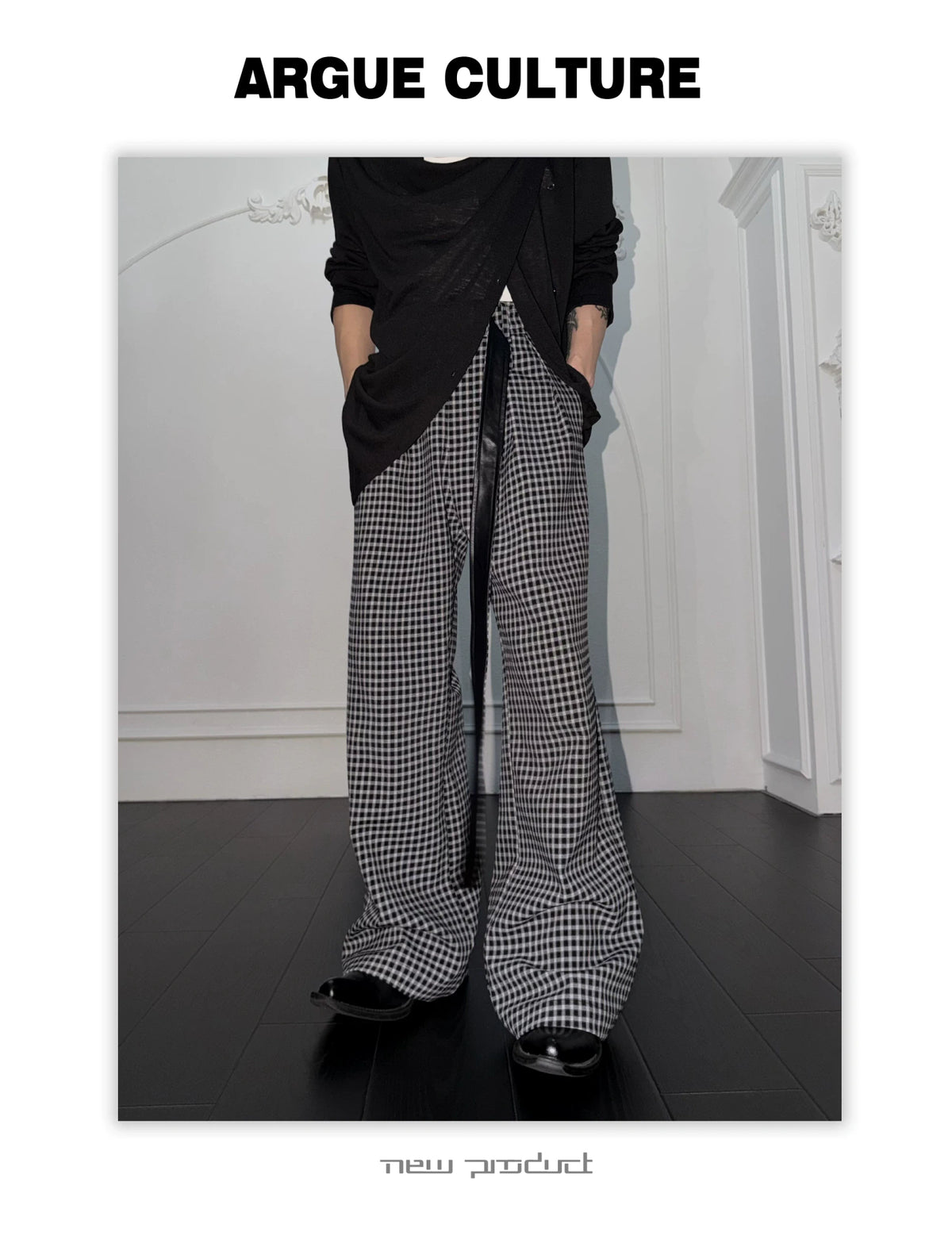 Micro-Check Sash Belt Flared Trousers | Avant Streetwear - detail image 10
