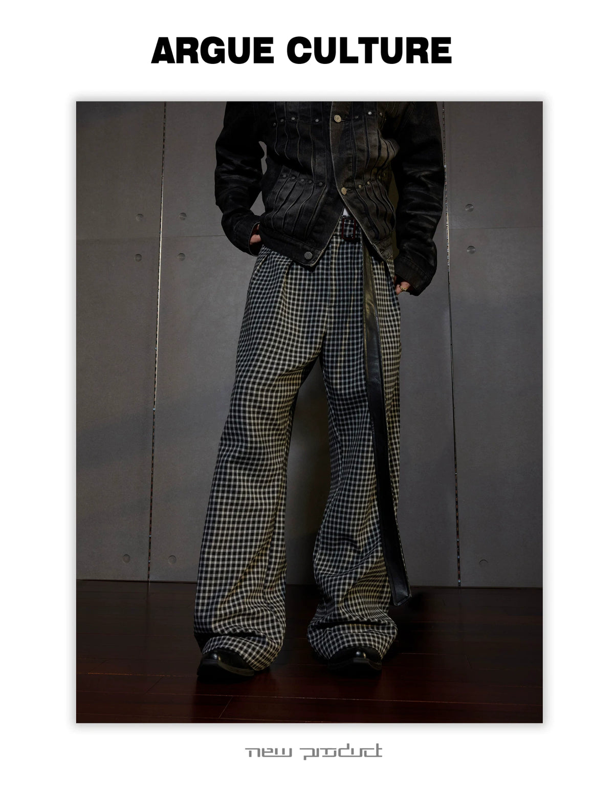 Micro-Check Sash Belt Flared Trousers | Avant Streetwear - detail image 4