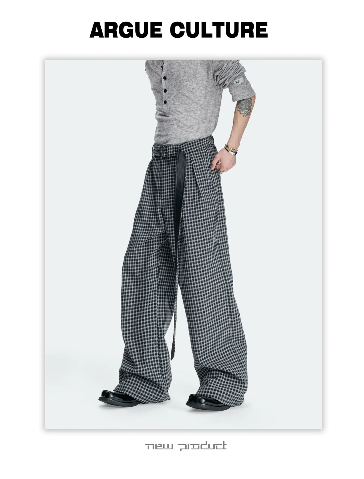 Micro-Check Sash Belt Flared Trousers | Avant Streetwear - detail image 13