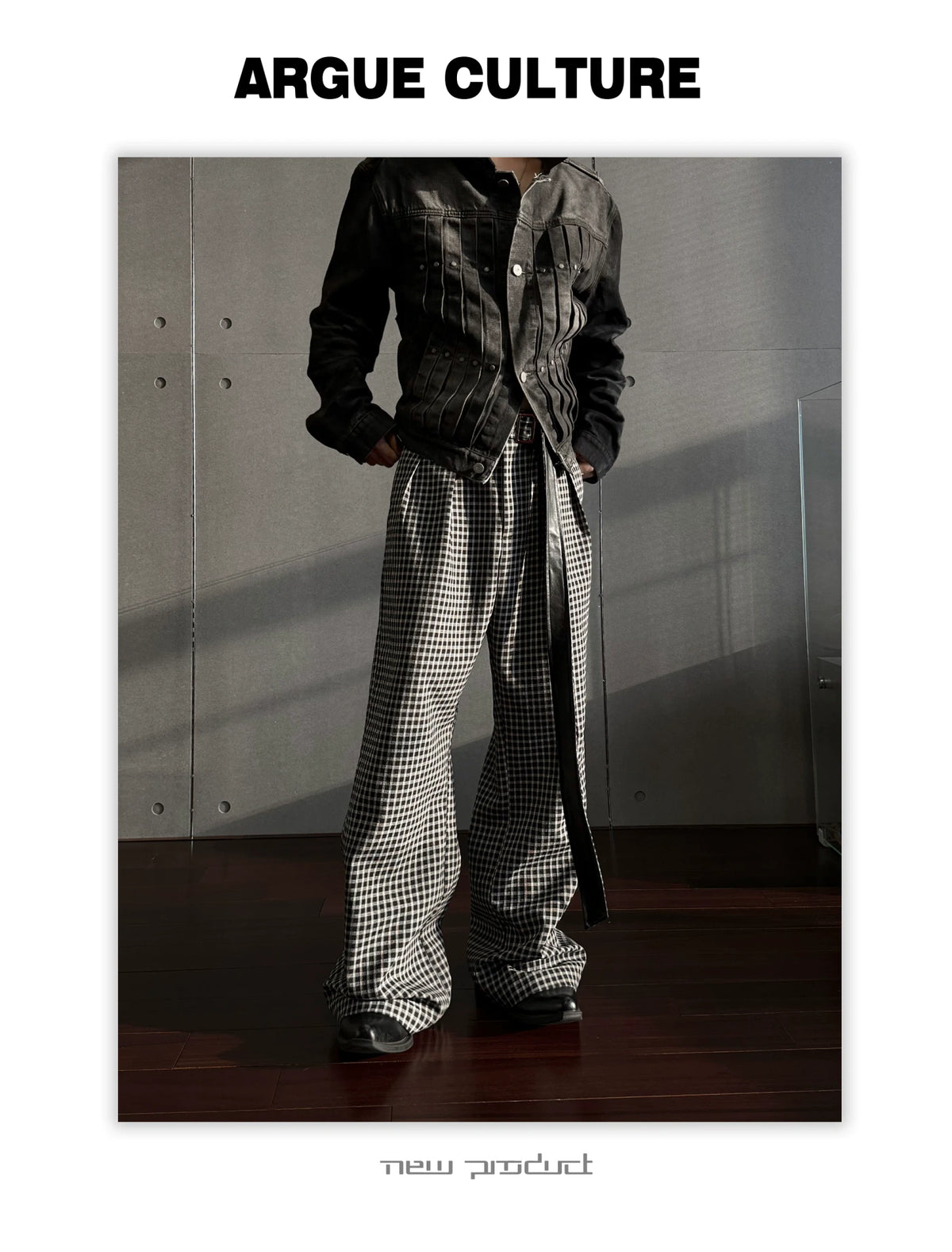 Micro-Check Sash Belt Flared Trousers | Avant Streetwear - detail image 11