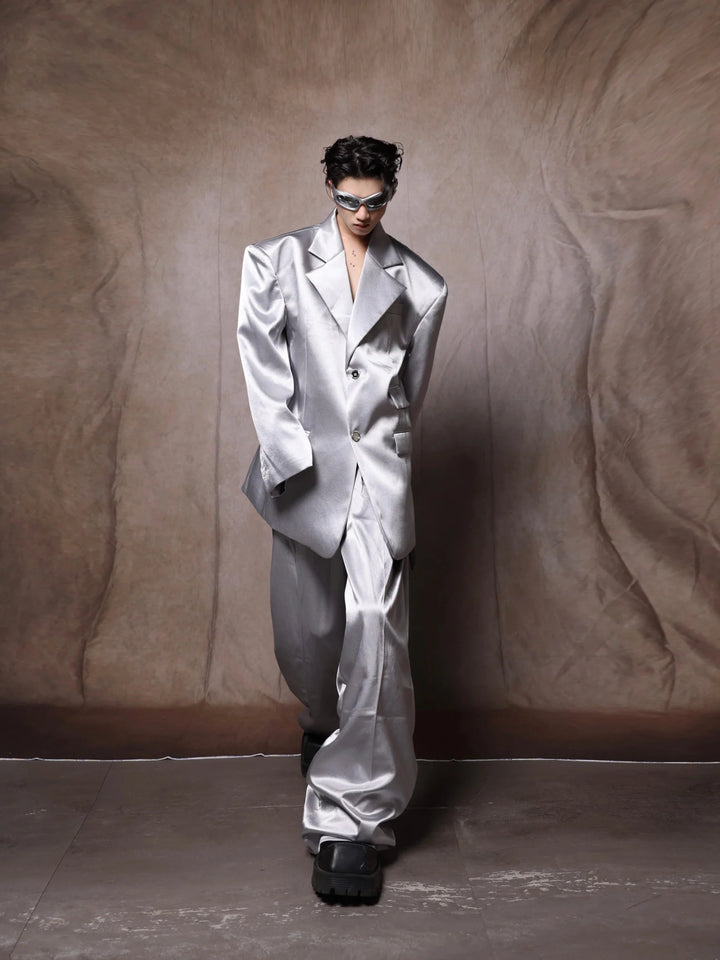 Minimalism Satin Blazer Ensemble | Unisex Metallic Sheen Suit Set - ArguE CulturE